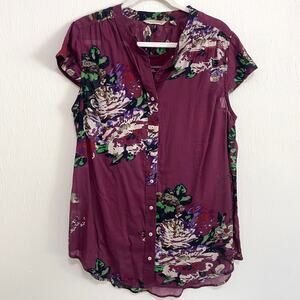 Soft Surroundings Womens Short Sleeve Tunic L Purple Floral Gauze Lagenlook Boho